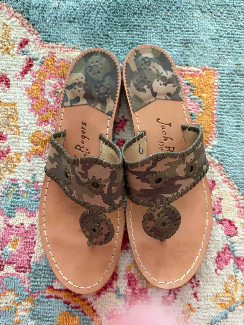 Jack Rogers Camouflage Leather Thong Sandals - Olive Green Camo